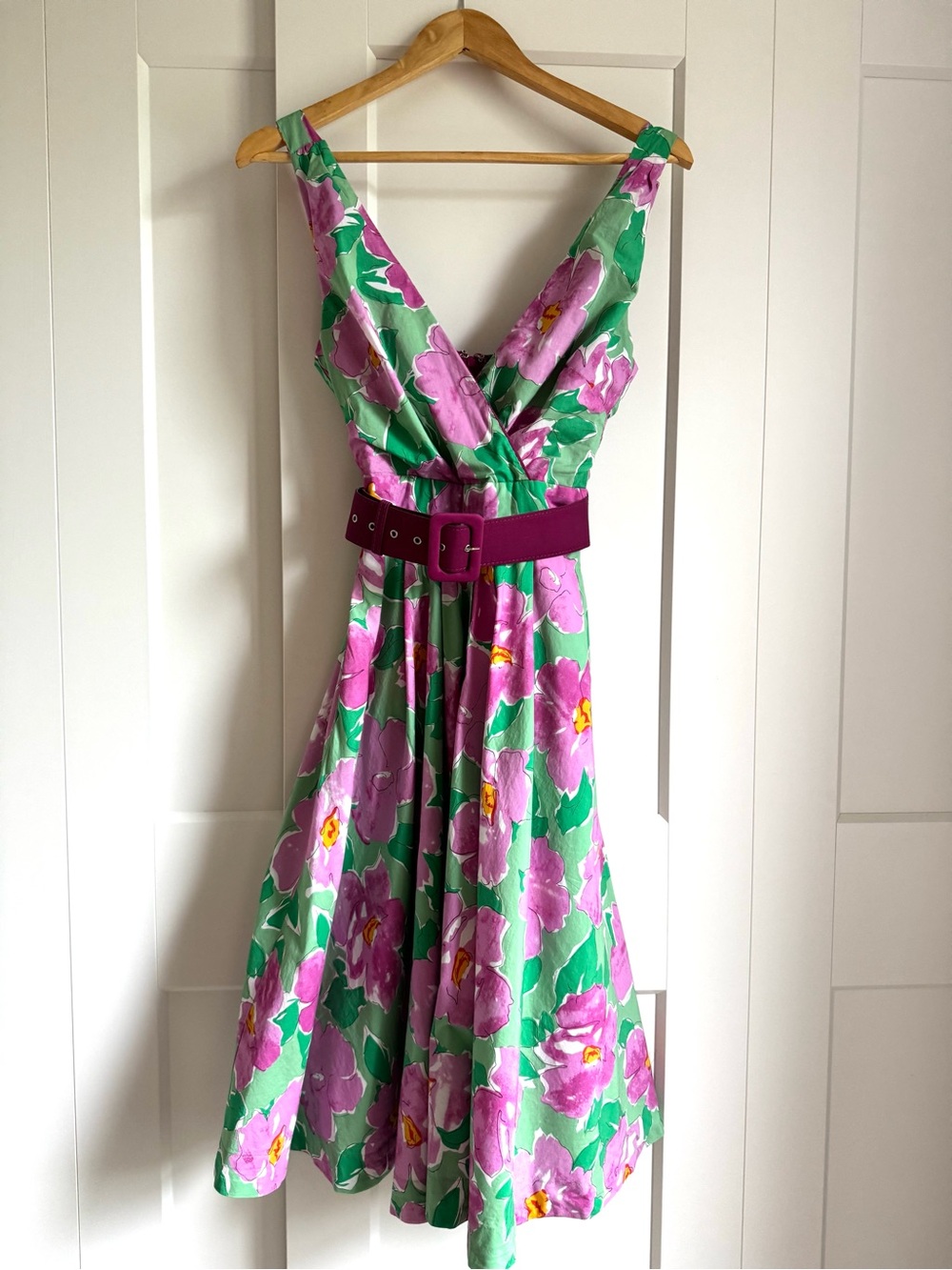 Unique Vintage Green & Pink Floral Midi Dress with Purple Belt